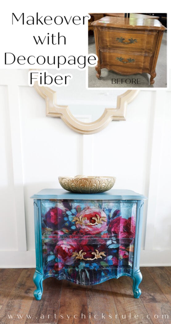 Makeover nightstand provinsi Prancis ini dipukul dengan luhur dengan semburan serat decoupage warna yang indah!